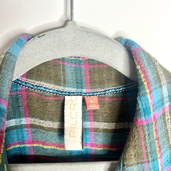 Anthropologie Pilcro Seamed Green Plaid Tunic Oversized Button Down Flowy Sz XL - Picture 4 of 6